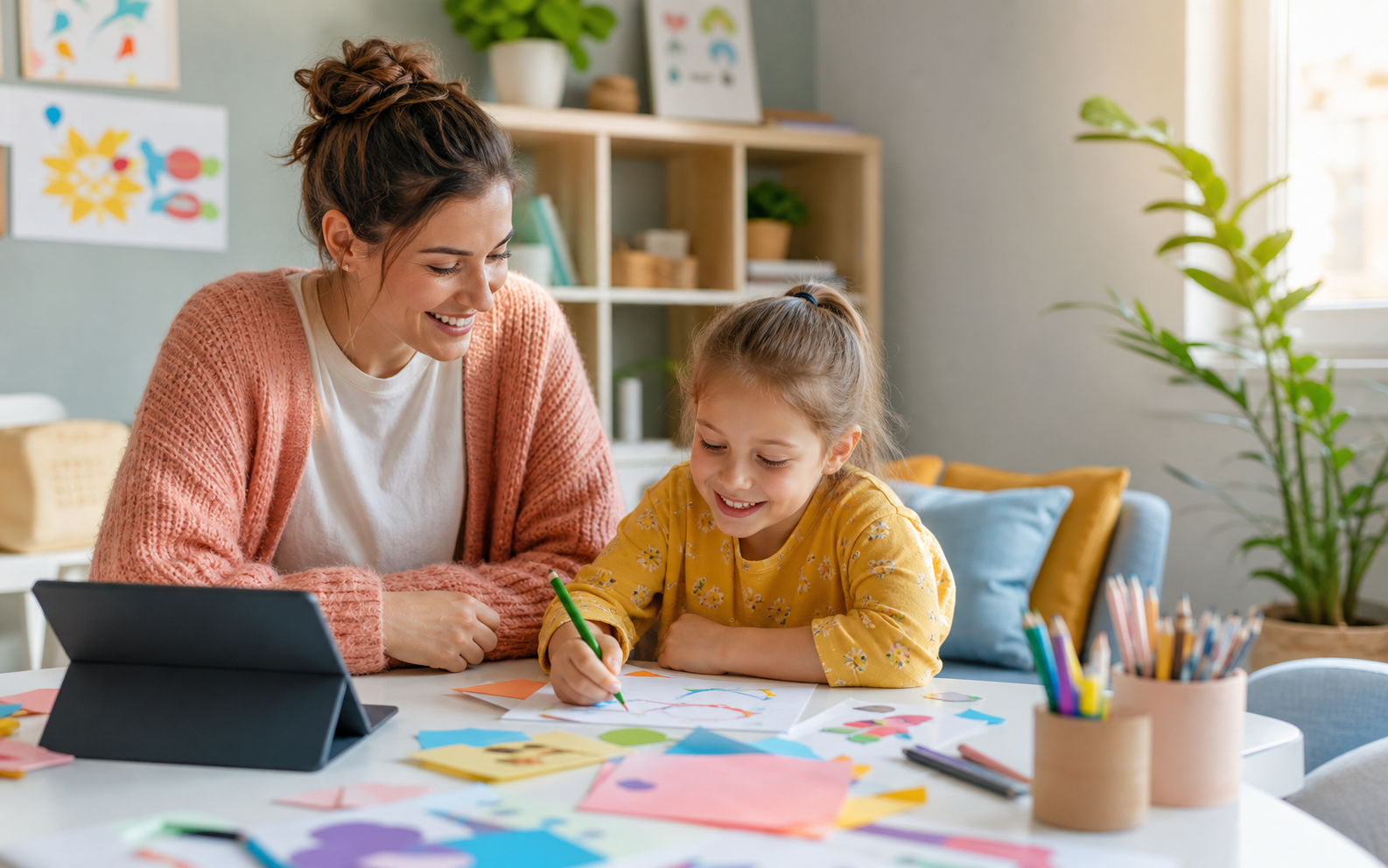 Care professional helping a child draw at a table with a tablet nearby