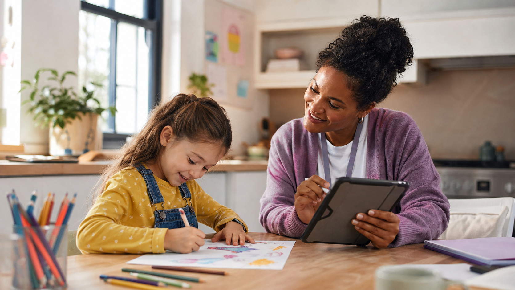 Care professional supporting a child with drawing while using a tablet